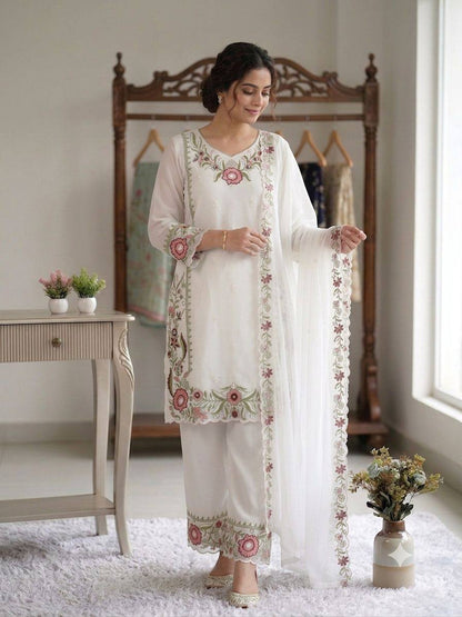 Women’s Fox Georgette Top Palazzo Set with Embroidered Dupatta | Designer 3 Piece Ethnic Wear Suit Set
