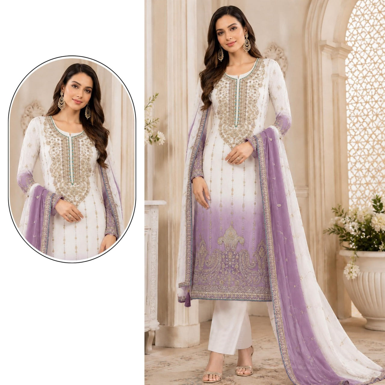 women’s semi-stitched designer suit material with embroidered crunchy padding top & dupatta | sequence and khatli work dress material