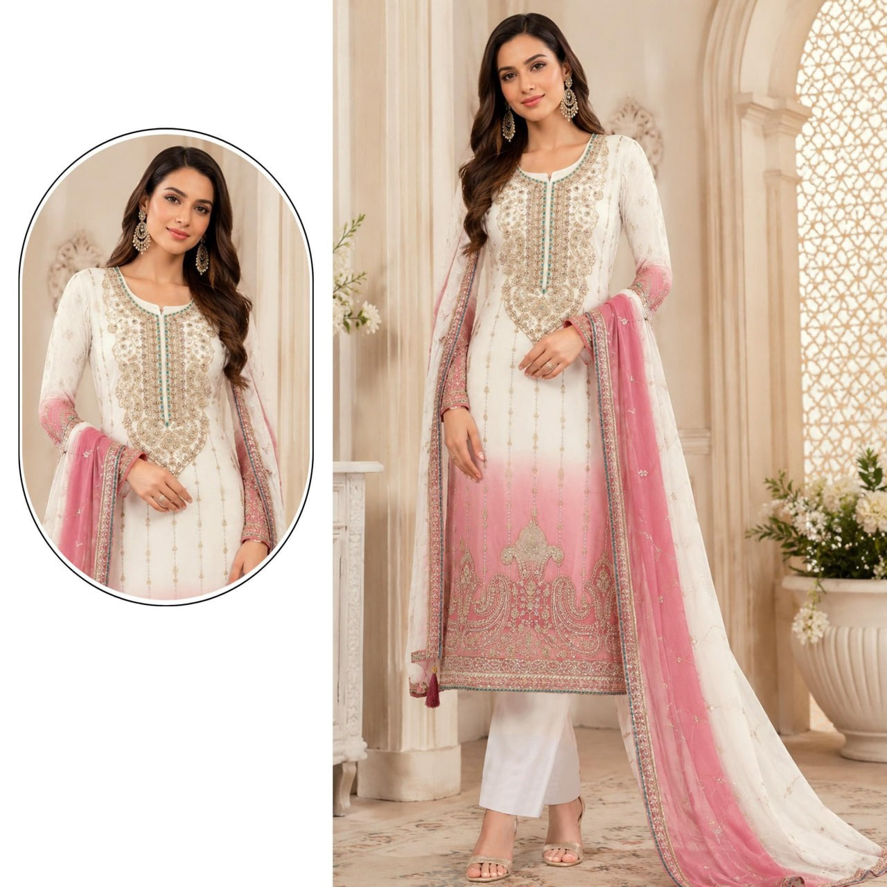 women’s semi-stitched designer suit material with embroidered crunchy padding top & dupatta | sequence and khatli work dress material