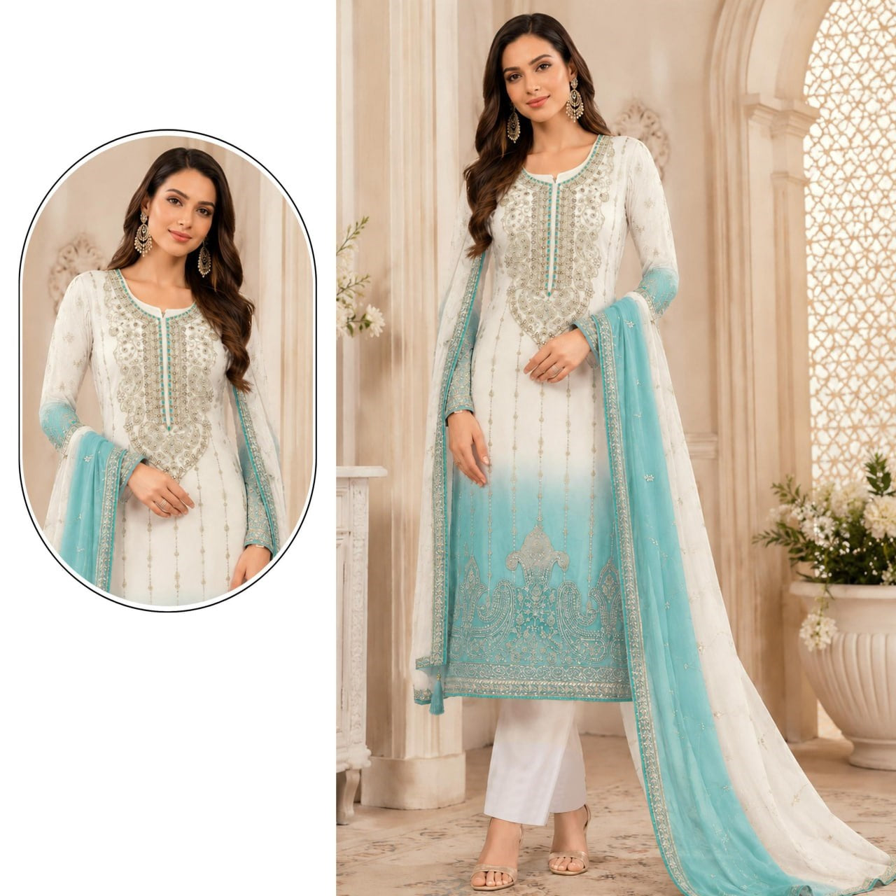 women’s semi-stitched designer suit material with embroidered crunchy padding top & dupatta | sequence and khatli work dress material