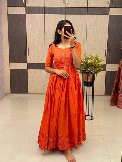 Women’s Pure Mul Cotton Embroidered Gown | Summer Special Designer Ethnic Gown with 4 Meter Flair