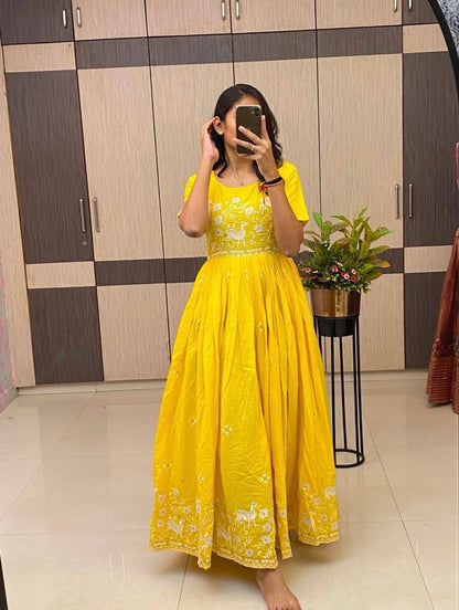 Women’s Pure Mul Cotton Embroidered Gown | Summer Special Designer Ethnic Gown with 4 Meter Flair