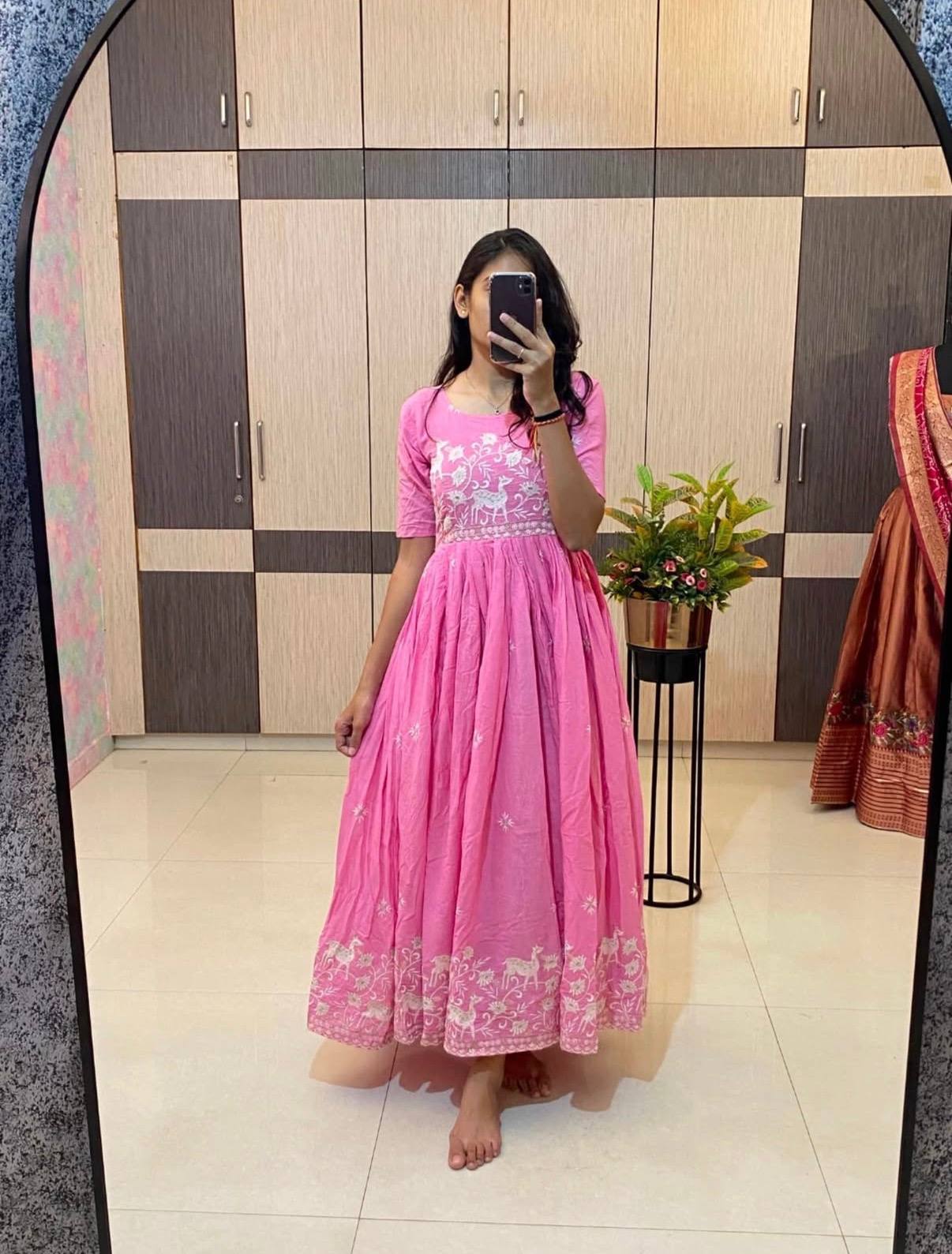 women’s pure mul cotton embroidered gown | summer special designer ethnic gown with 4 meter flair