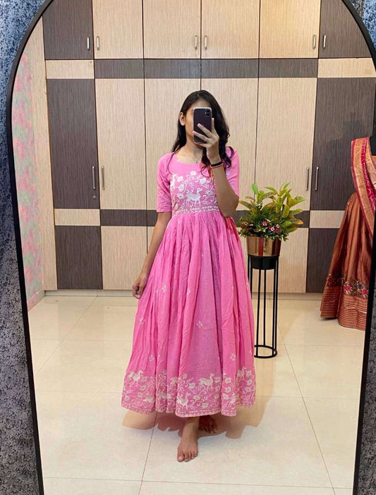 Women’s Pure Mul Cotton Embroidered Gown | Summer Special Designer Ethnic Gown with 4 Meter Flair Fashion Kreza