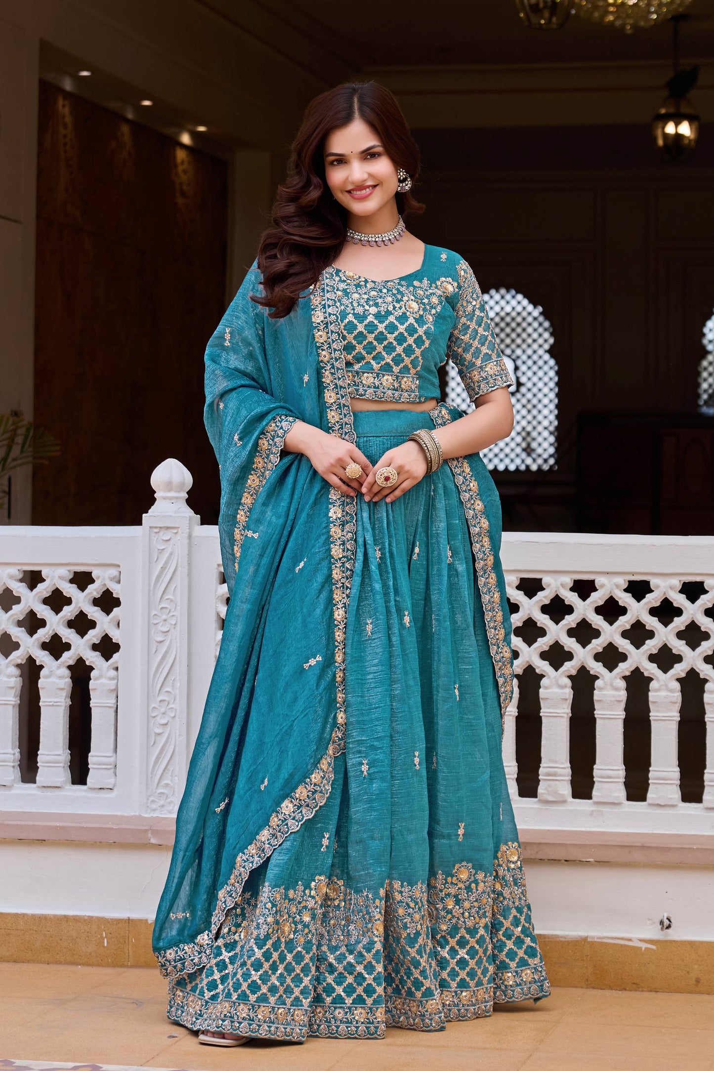 women’s wedding lehenga choli set in pure crunchy fabric with embroidery sequence work | fully stitched designer lehenga