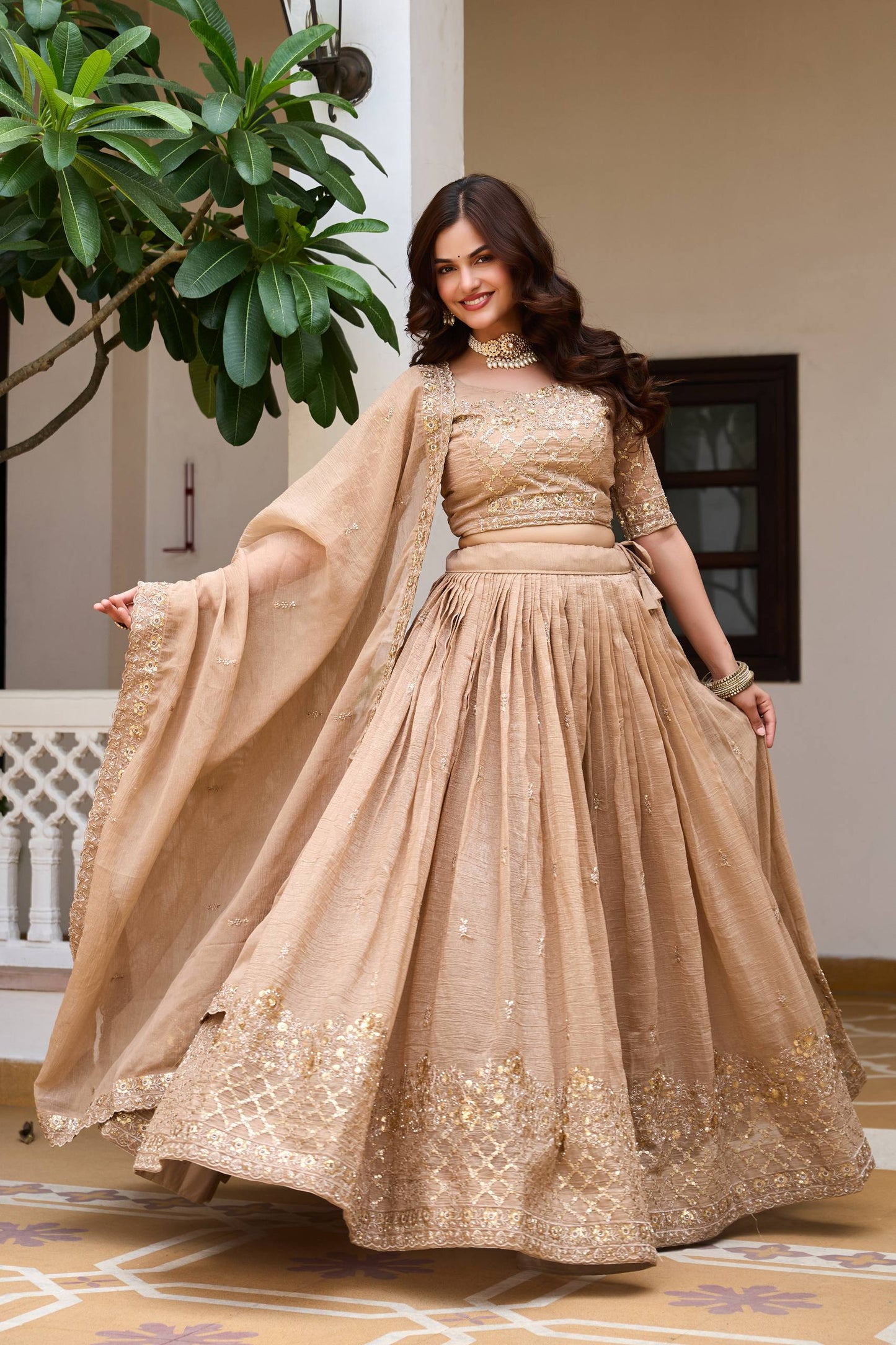 women’s wedding lehenga choli set in pure crunchy fabric with embroidery sequence work | fully stitched designer lehenga