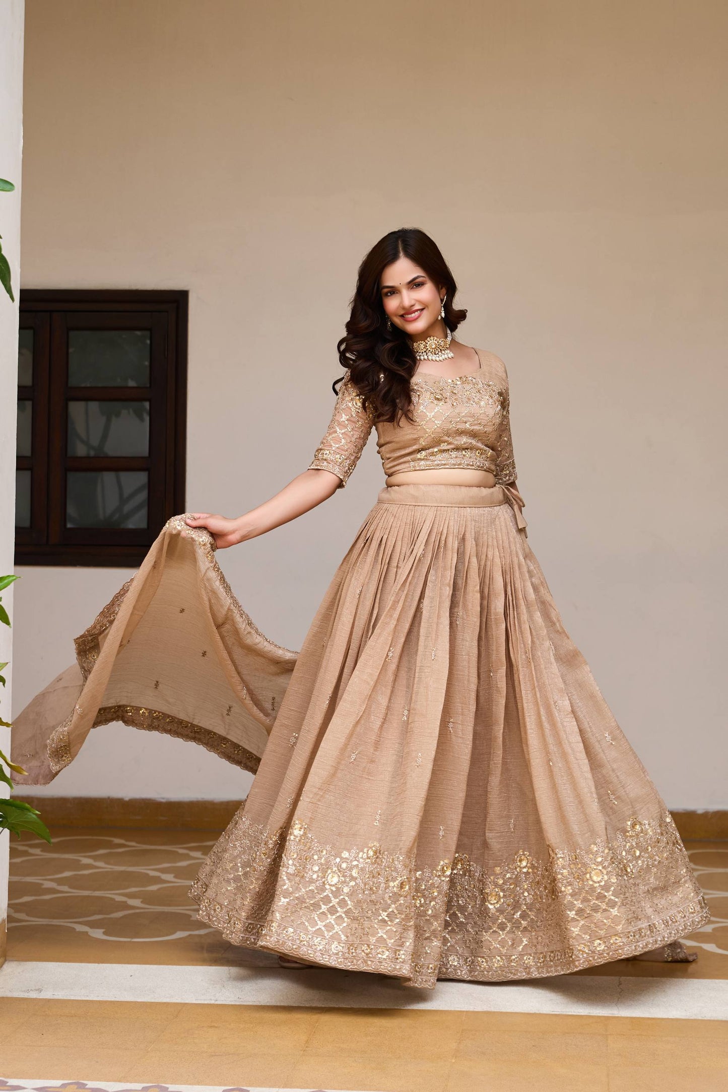 women’s wedding lehenga choli set in pure crunchy fabric with embroidery sequence work | fully stitched designer lehenga
