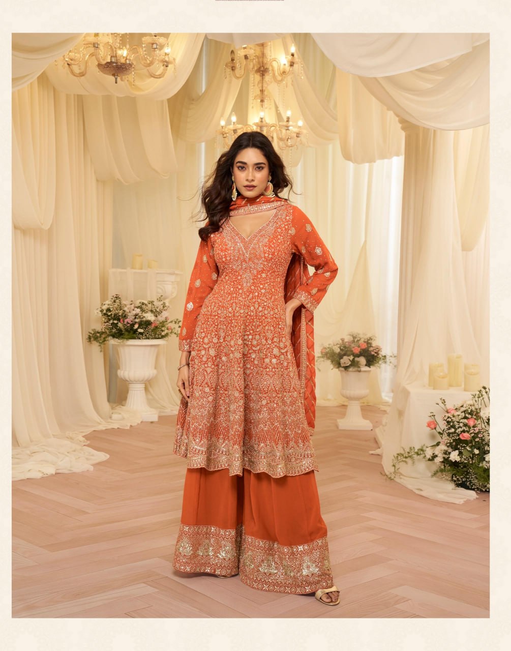 women’s georgette palazzo style salwar suit with embroidered net dupatta | fully stitched designer ethnic suit set