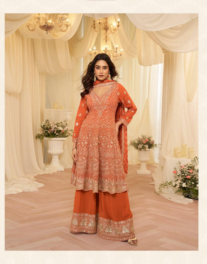 Women’s Georgette Palazzo Style Salwar Suit with Embroidered Net Dupatta | Fully Stitched Designer Ethnic Suit Set