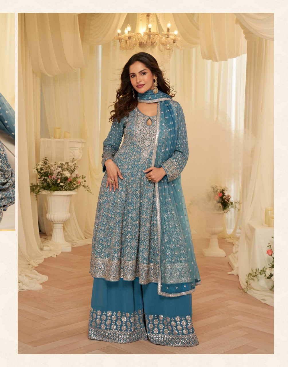 women’s georgette palazzo style salwar suit with embroidered net dupatta | fully stitched designer ethnic suit set