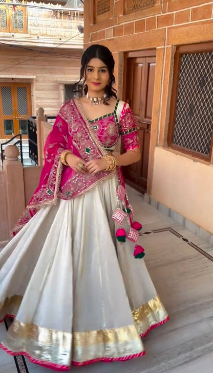 Women’s Navratri Special Roman Silk Lehenga Choli with Embroidered Dupatta | 6 Meter Flair Festive Garba Outfit
