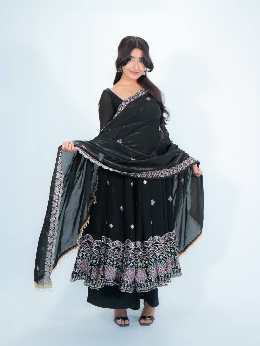 women’s fendy satin gown palazzo set with embroidered dupatta | designer 3 piece ethnic wear with fancy lace work