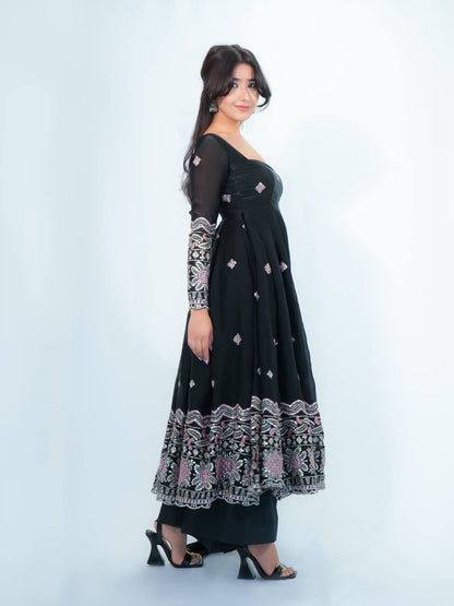 Women’s Fendy Satin Gown Palazzo Set with Embroidered Dupatta | Designer 3 Piece Ethnic Wear with Fancy Lace Work
