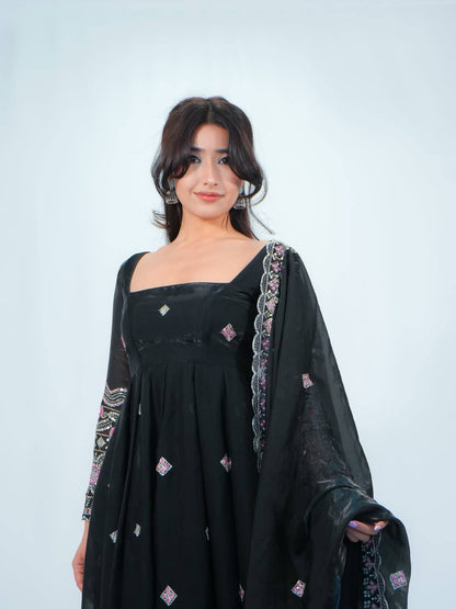 Women’s Fendy Satin Gown Palazzo Set with Embroidered Dupatta | Designer 3 Piece Ethnic Wear with Fancy Lace Work