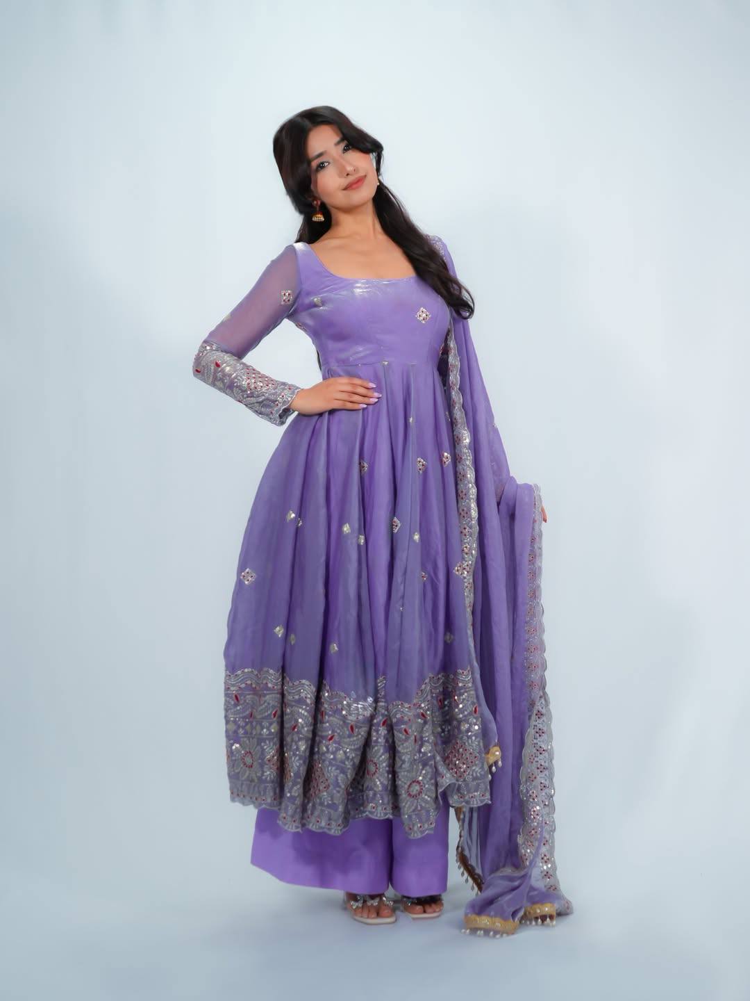 women’s fendy satin gown palazzo set with embroidered dupatta | designer 3 piece ethnic wear with fancy lace work