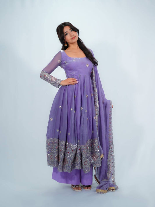Women’s Fendy Satin Gown Palazzo Set with Embroidered Dupatta | Designer 3 Piece Ethnic Wear with Fancy Lace Work