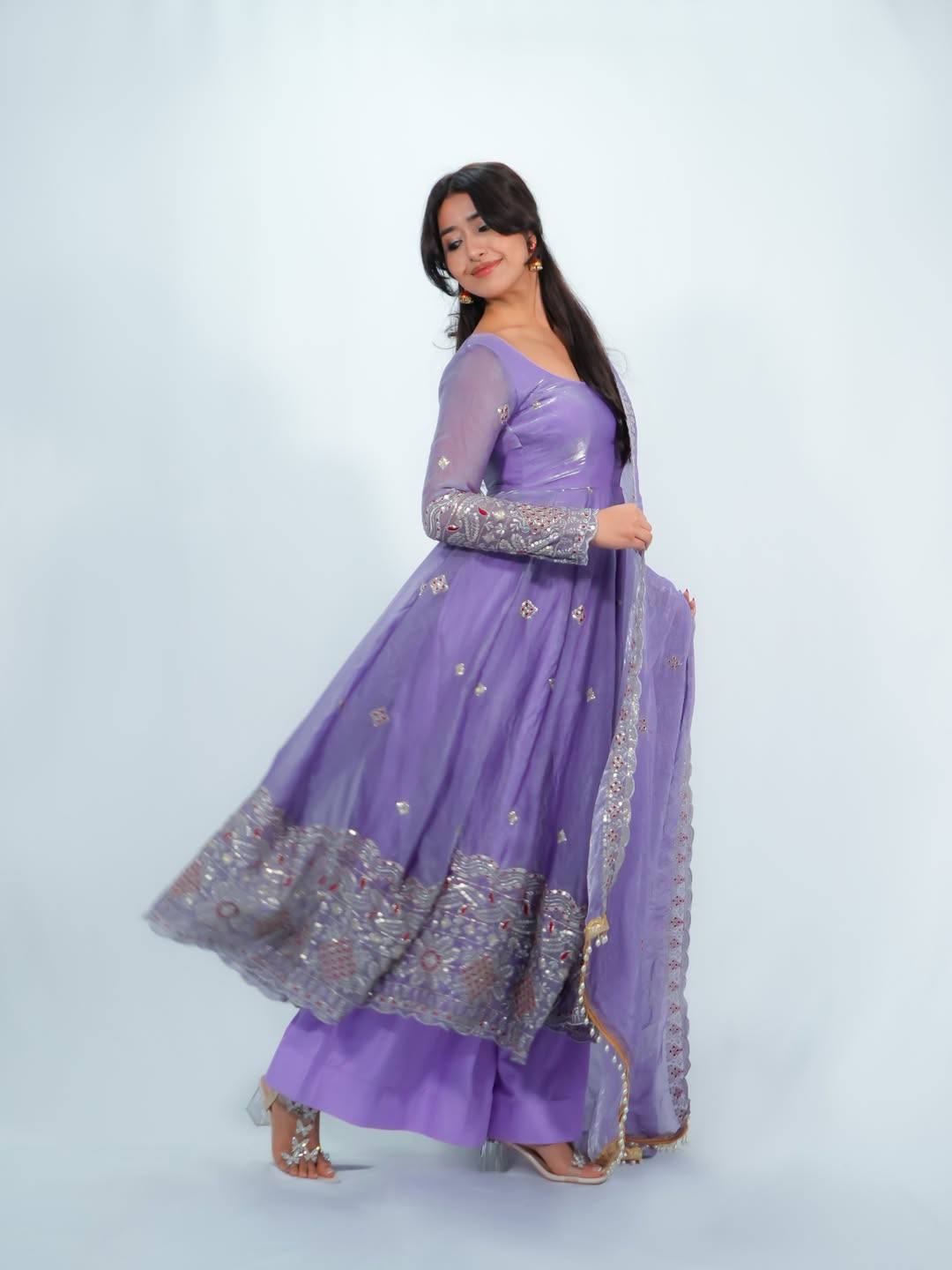 women’s fendy satin gown palazzo set with embroidered dupatta | designer 3 piece ethnic wear with fancy lace work
