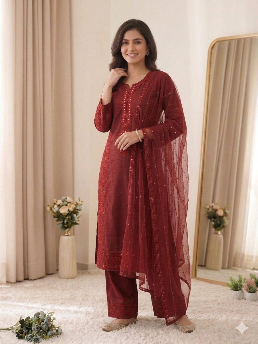 women’s mal chanderi embroidered kurta palazzo set with organza dupatta | hand mirror & sequence work ethnic suit