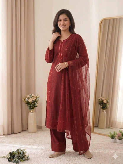Women’s Mal Chanderi Embroidered Kurta Palazzo Set with Organza Dupatta | Hand Mirror & Sequence Work Ethnic Suit