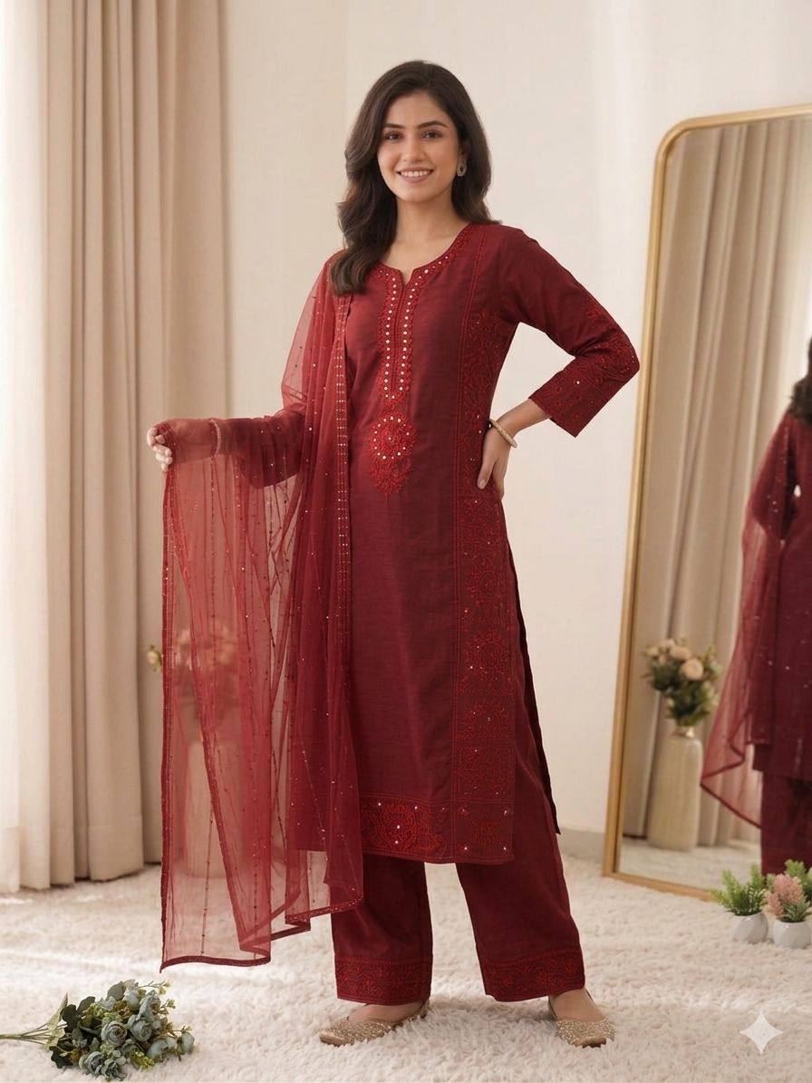 women’s mal chanderi embroidered kurta palazzo set with organza dupatta | hand mirror & sequence work ethnic suit