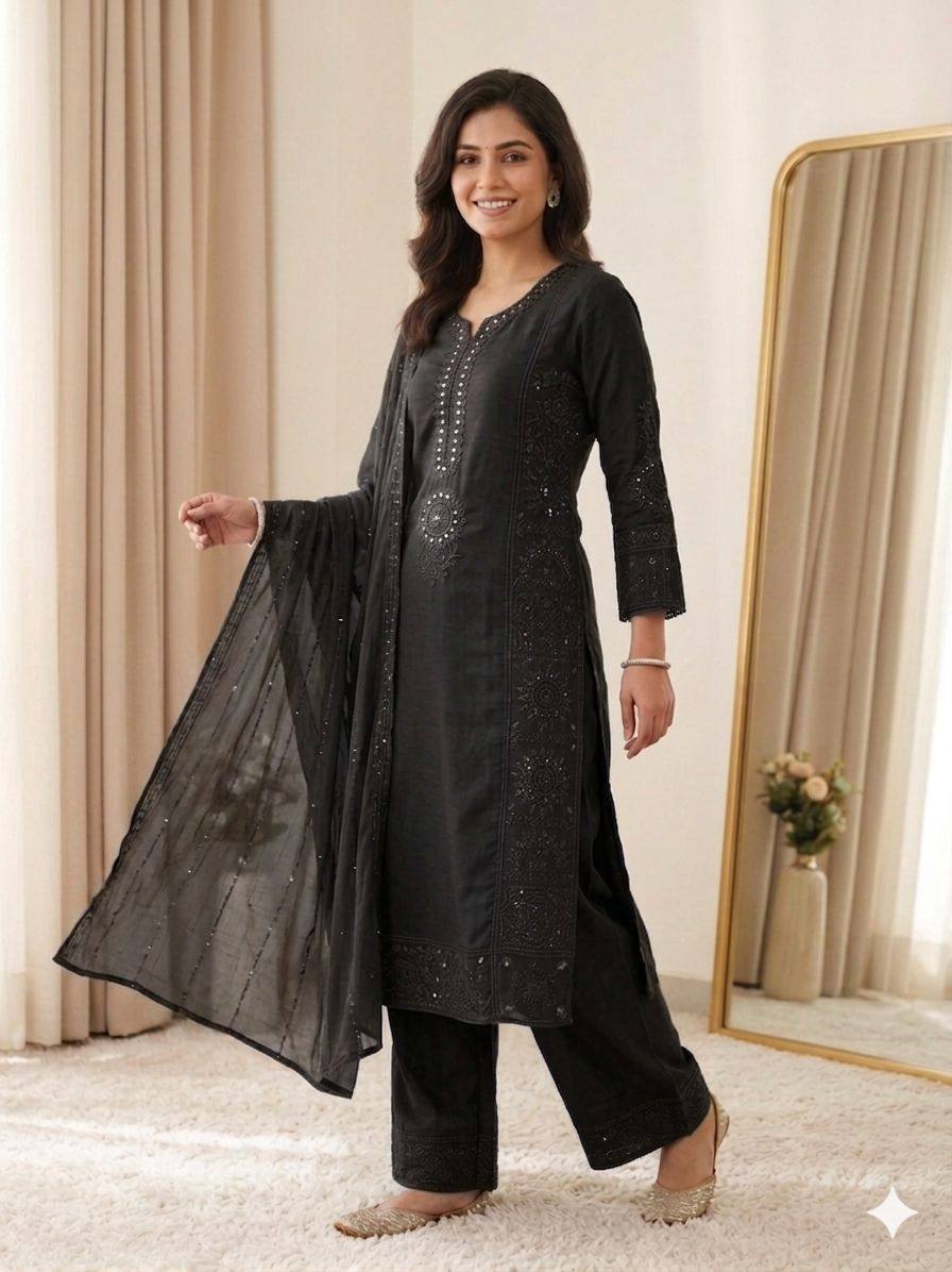 women’s mal chanderi embroidered kurta palazzo set with organza dupatta | hand mirror & sequence work ethnic suit