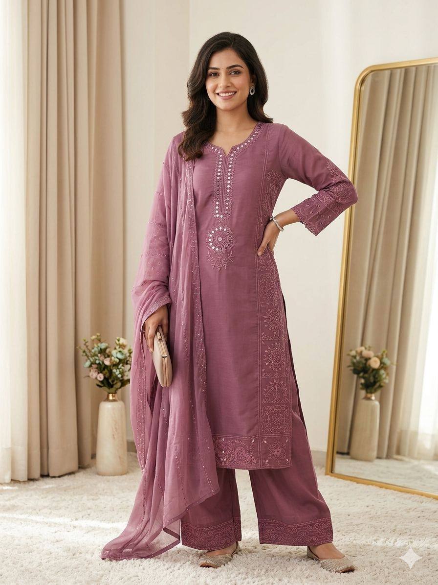 women’s mal chanderi embroidered kurta palazzo set with organza dupatta | hand mirror & sequence work ethnic suit