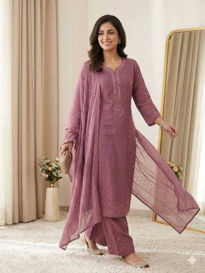 Women’s Mal Chanderi Embroidered Kurta Palazzo Set with Organza Dupatta | Hand Mirror & Sequence Work Ethnic Suit