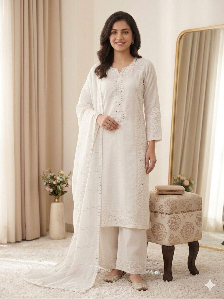 women’s mal chanderi embroidered kurta palazzo set with organza dupatta | hand mirror & sequence work ethnic suit