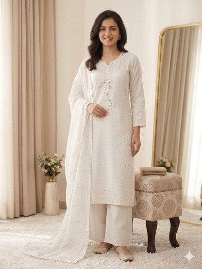 Women’s Mal Chanderi Embroidered Kurta Palazzo Set with Organza Dupatta | Hand Mirror & Sequence Work Ethnic Suit