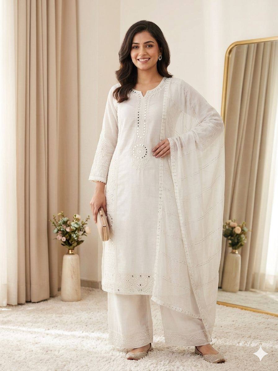 women’s mal chanderi embroidered kurta palazzo set with organza dupatta | hand mirror & sequence work ethnic suit