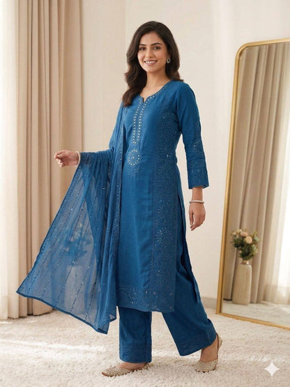 Women’s Mal Chanderi Embroidered Kurta Palazzo Set with Organza Dupatta | Hand Mirror & Sequence Work Ethnic Suit