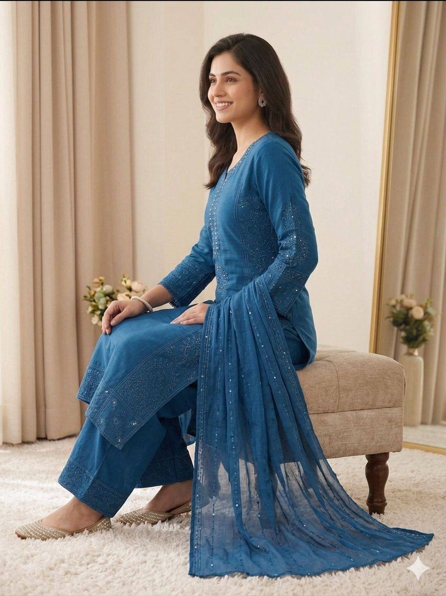 women’s mal chanderi embroidered kurta palazzo set with organza dupatta | hand mirror & sequence work ethnic suit
