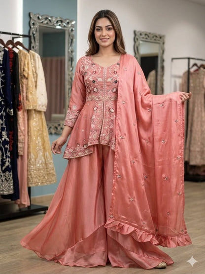 Women’s Rangoli Silk Kurta Palazzo Set with Embroidered Dupatta | Sequence Work Designer Ethnic Suit Set