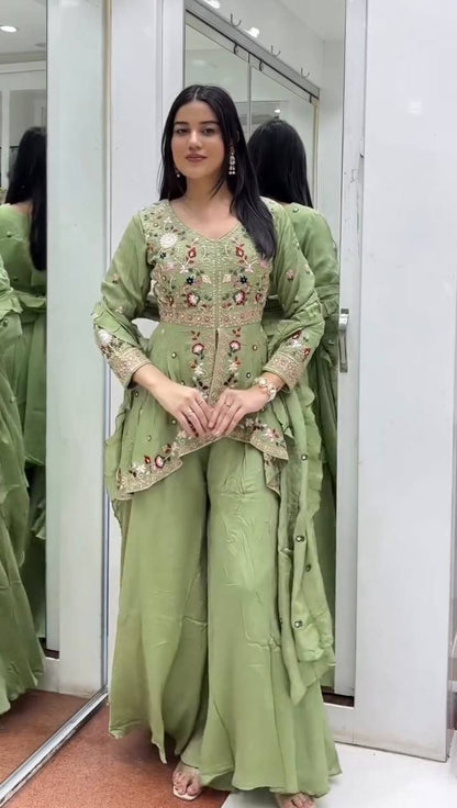 Women’s Rangoli Silk Kurta Palazzo Set with Embroidered Dupatta | Sequence Work Designer Ethnic Suit Set
