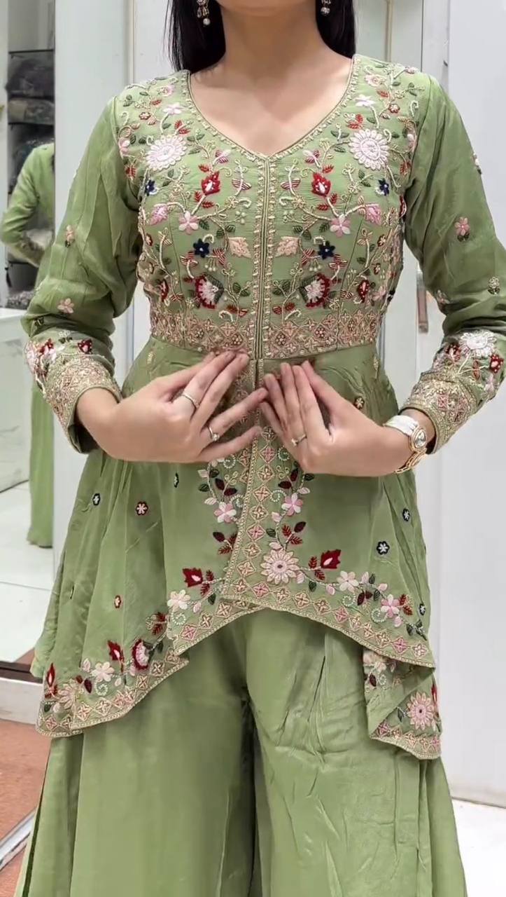 women’s rangoli silk kurta palazzo set with embroidered dupatta | sequence work designer ethnic suit set