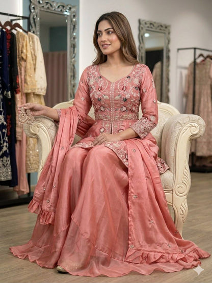 Women’s Rangoli Silk Kurta Palazzo Set with Embroidered Dupatta | Sequence Work Designer Ethnic Suit Set