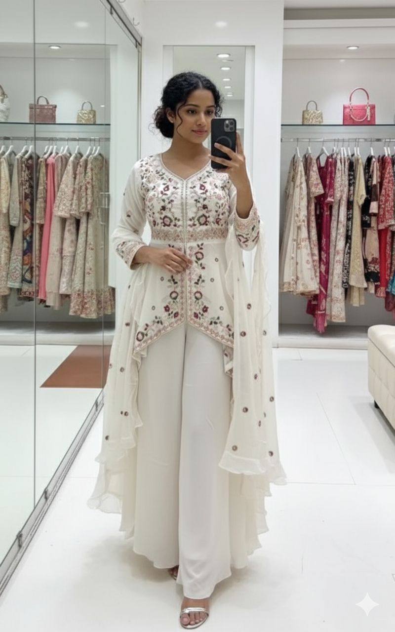 women’s rangoli silk kurta palazzo set with embroidered dupatta | sequence work designer ethnic suit set