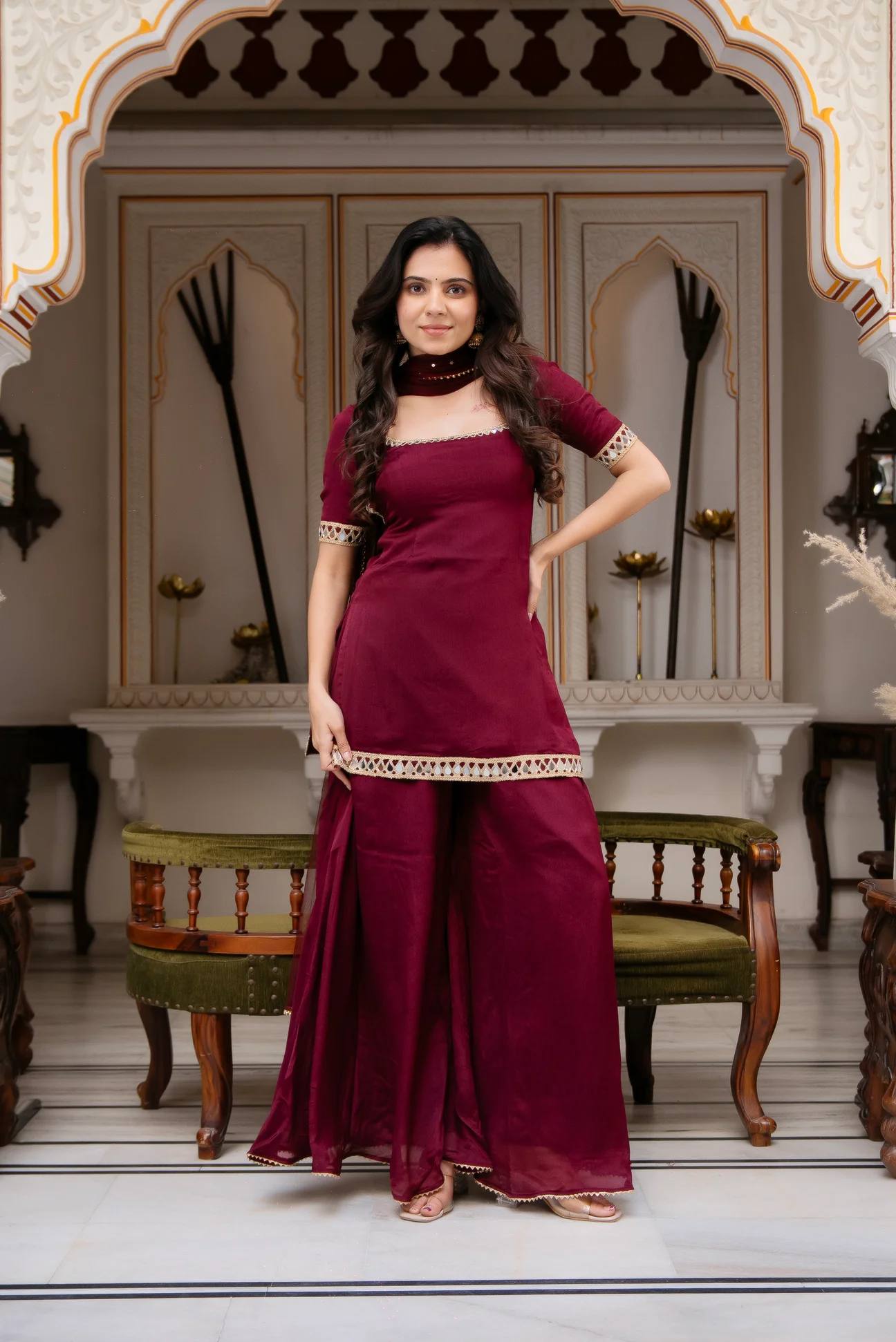 women’s faux georgette kurta palazzo set with real mirror work & embroidered dupatta | designer 3 piece ethnic suit