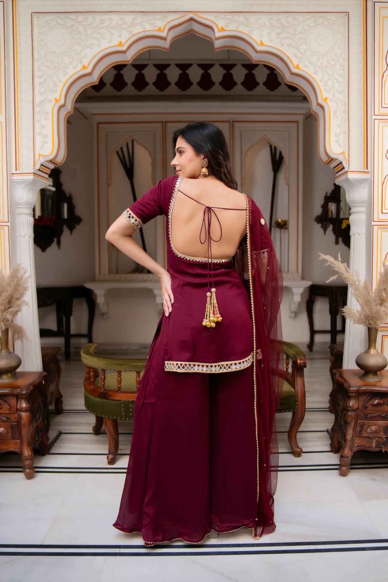 women’s faux georgette kurta palazzo set with real mirror work & embroidered dupatta | designer 3 piece ethnic suit