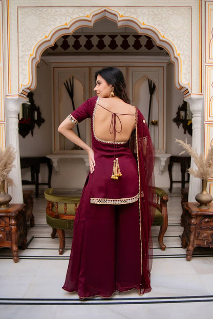 Women’s Faux Georgette Kurta Palazzo Set with Real Mirror Work & Embroidered Dupatta | Designer 3 Piece Ethnic Suit