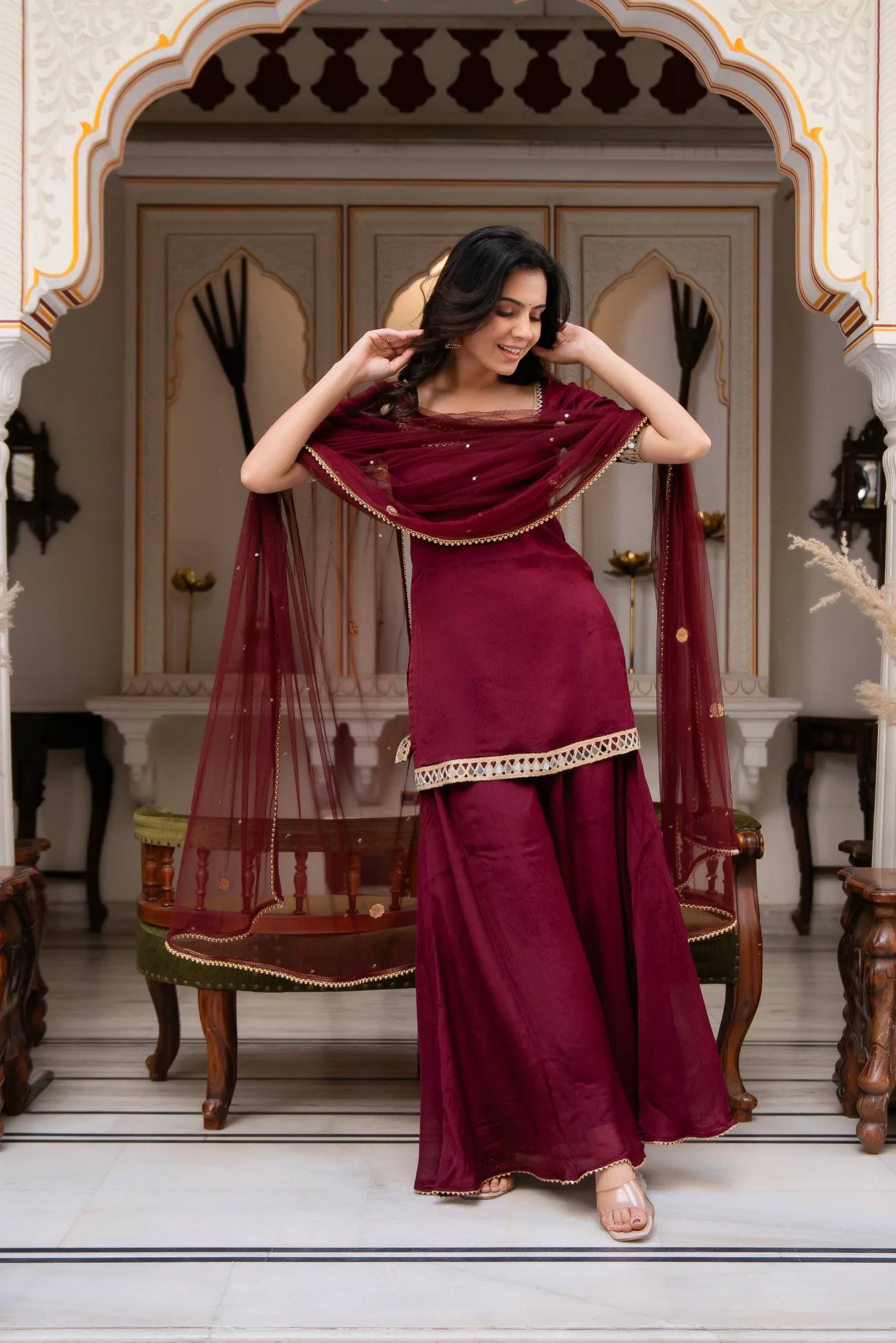 women’s faux georgette kurta palazzo set with real mirror work & embroidered dupatta | designer 3 piece ethnic suit