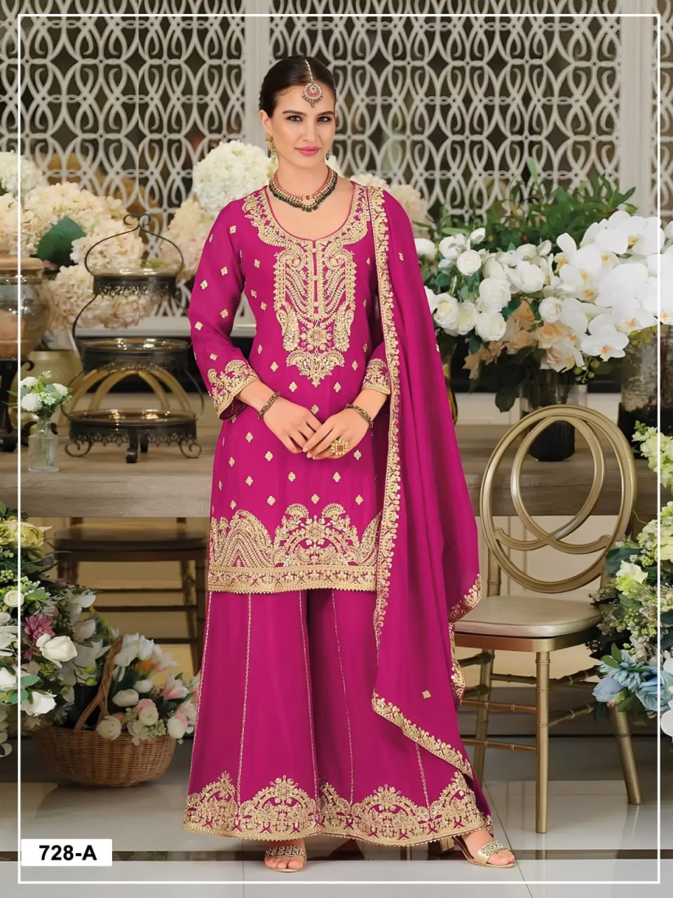 women’s semi-stitched blooming airjet chinon suit material with cording, sequence & zarkhan work | designer dress material