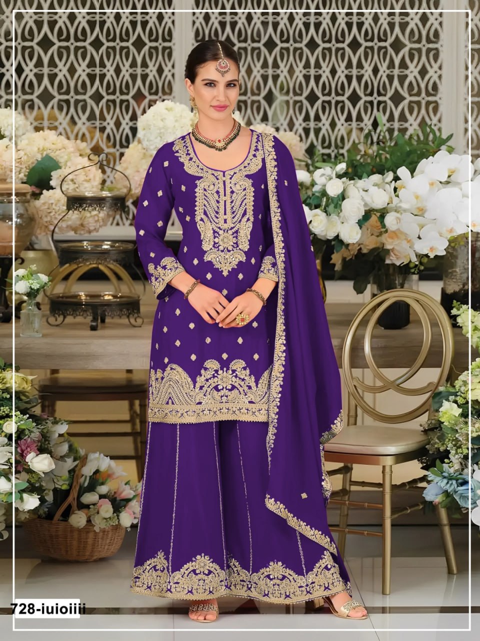 women’s semi-stitched blooming airjet chinon suit material with cording, sequence & zarkhan work | designer dress material