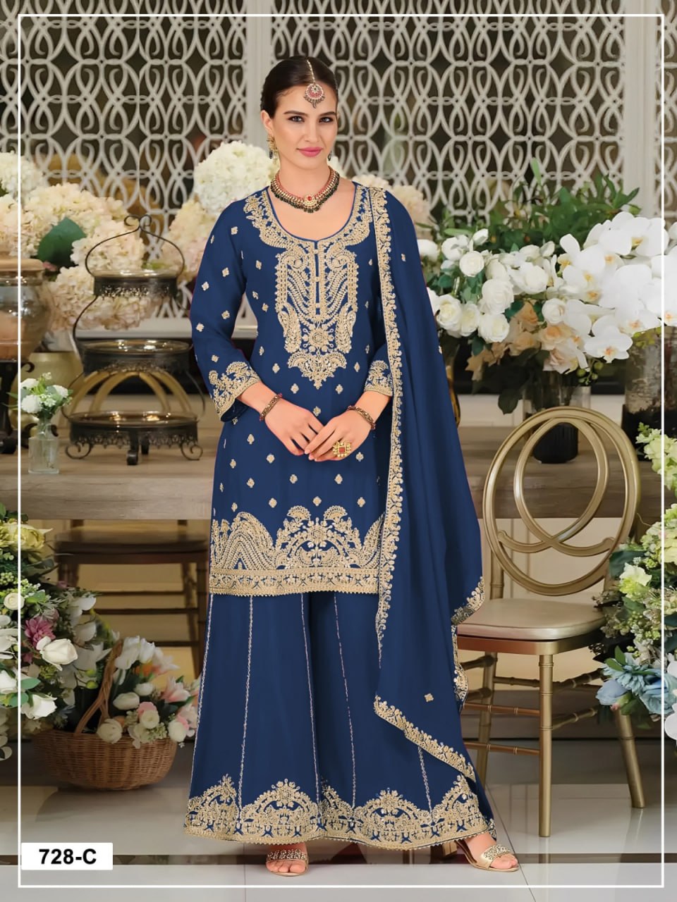 women’s semi-stitched blooming airjet chinon suit material with cording, sequence & zarkhan work | designer dress material