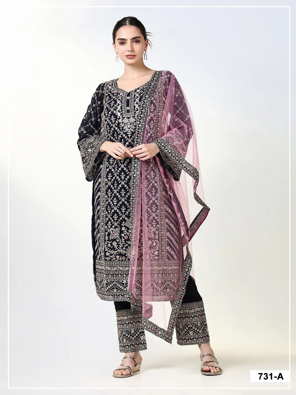 women’s semi-stitched blooming georgette designer suit material with cording zari & sequence work | butterfly net dupatta
