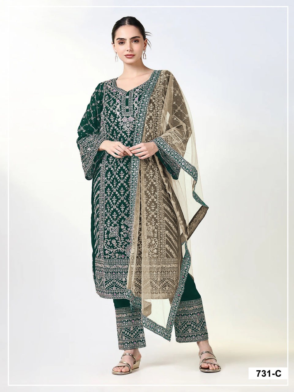 women’s semi-stitched blooming georgette designer suit material with cording zari & sequence work | butterfly net dupatta