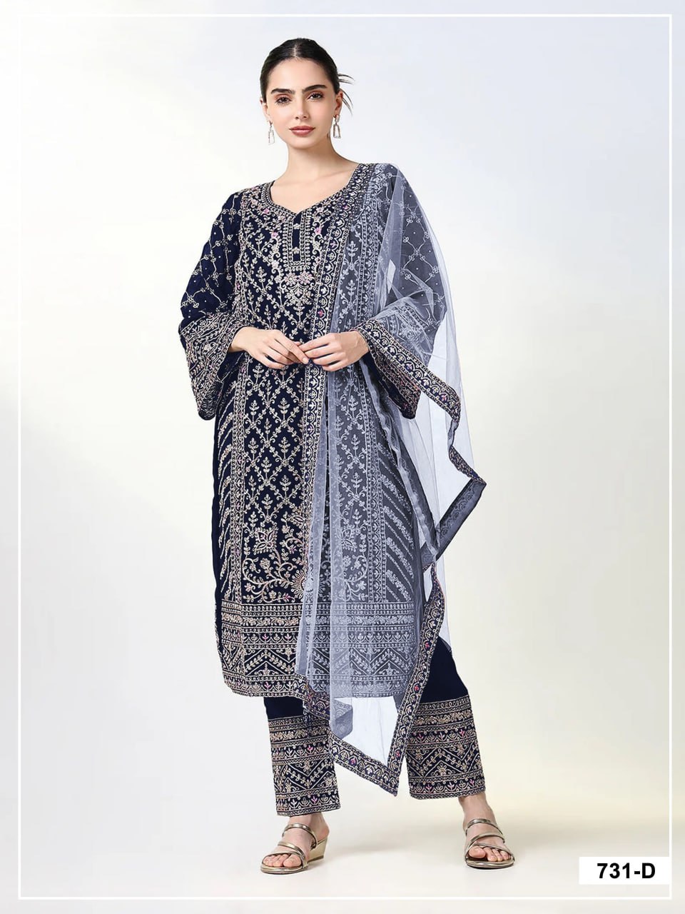 women’s semi-stitched blooming georgette designer suit material with cording zari & sequence work | butterfly net dupatta