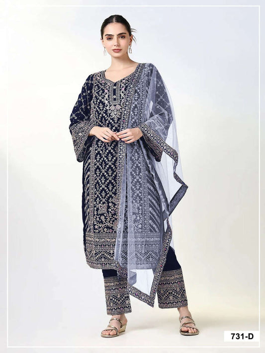 Women’s Semi-Stitched Blooming Georgette Designer Suit Material with Cording Zari & Sequence Work | Butterfly Net Dupatta Fashion Kreza