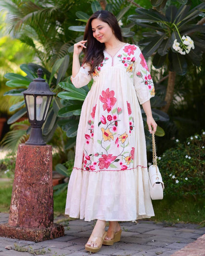 Women’s Rayon Maxi Gown with Embroidery Work | Summer Friendly Designer Long Ethnic Dress
