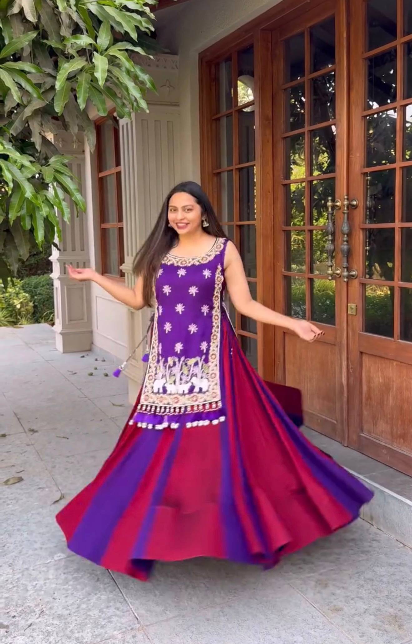 women’s navratri special vichitra silk lehenga choli with shrug | 6 meter flair designer festive outfit
